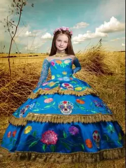 Best Blue High-neck Lace Up Embroidery Little Girl Pageant Dress Long Sleeves