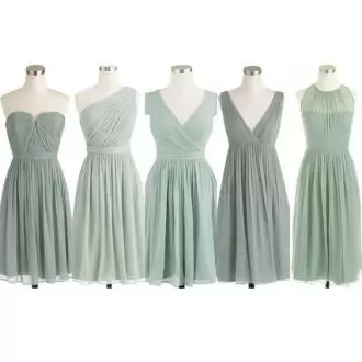 Adorable Sleeveless Chiffon Knee Length Lace Up Bridesmaid Dress in Green with Ruching
