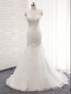 White Clasp Handle V-neck Lace Wedding Gown Tulle Sleeveless Brush Train