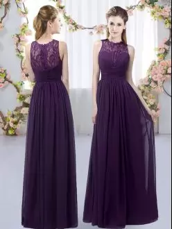 Chic Dark Purple Chiffon Zipper Bridesmaid Dresses Sleeveless Floor Length Lace