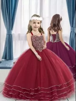 Floor Length Red Little Girl Pageant Dress Tulle Sleeveless Ruffled Layers