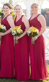 Custom Design Red Empire Lace and Appliques and Ruching Bridesmaid Dress Chiffon Sleeveless Floor Length