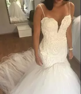 White Mermaid Spaghetti Straps Sleeveless Tulle Lace Up Beading Wedding Dress