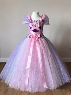 Multi-color Tulle Side Zipper Off The Shoulder Cap Sleeves Floor Length Pageant Dress for Teens Sequins and Bowknot