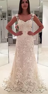 Sleeveless Lace Backless Wedding Dress with White Brush Train