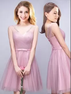 Fine Pink Sleeveless Ruching and Bowknot Mini Length Bridesmaid Dresses