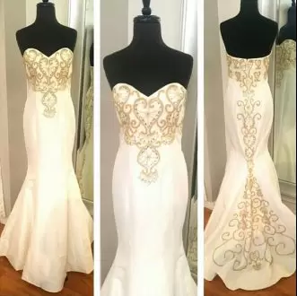 White Mermaid Beading and Embroidery Wedding Gown Zipper Satin Sleeveless