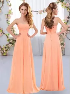 Unique Peach Lace Up Sweetheart Ruching Bridesmaids Dress Chiffon Sleeveless