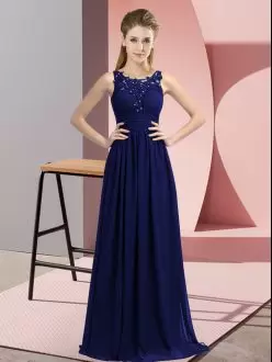 Sophisticated Navy Blue Chiffon Zipper Scoop Sleeveless Floor Length Bridesmaid Dress Beading and Appliques