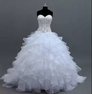 Stylish White Sweetheart Neckline Beading and Ruffles Wedding Dress Sleeveless Lace Up