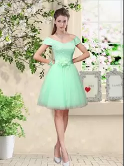 Cheap Knee Length Off the Shoulder Damas Dress Apple Green with Belt and Flowers