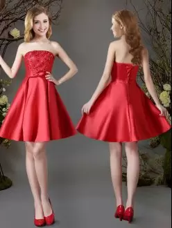 Great Satin Strapless Sleeveless Lace Up Appliques and Bowknot Bridesmaid Dress in Red