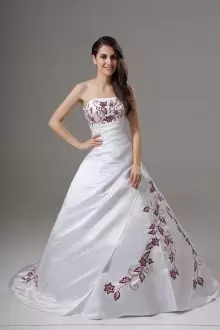 Modest White Wedding Gown with Red Embroidery and Brush Train