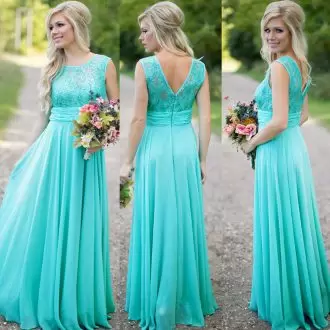 Scoop Sleeveless Zipper Bridesmaid Dresses Turquoise Chiffon Lace