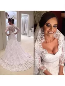 Captivating White Zipper Wedding Dress Lace and Belt 3 4 Length Sleeve With Brush Train