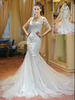 Scoop Half Sleeves Tulle Wedding Gowns Appliques Brush Train Lace Up