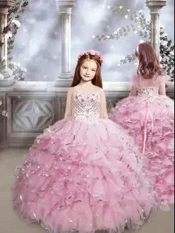 Amazing Baby Pink Little Girls Pageant Gowns Organza Brush Train Sleeveless Beading and Ruffles