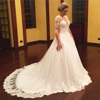 Long Sleeve Sexy V Neckline Wedding Dresses Modest Illusion Lace Train