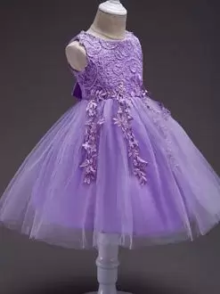 Lavender Sleeveless Knee Length Lace and Belt Zipper Glitz Pageant Dress Scoop