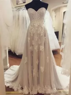 Appliques Wedding Gown Grey Lace Up Court Train