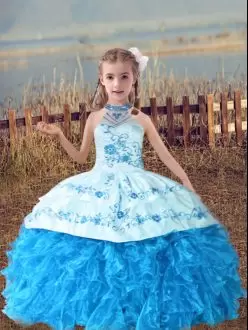 Charming Floor Length Baby Blue Little Girls Pageant Gowns Organza Sleeveless Beading and Embroidery and Ruffles