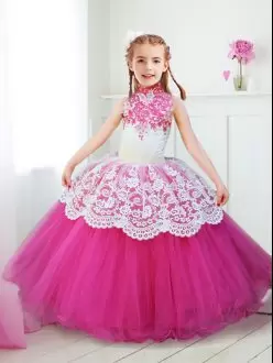 Eye-catching Hot Pink Ball Gowns Beading and Lace Flower Girl Dress Zipper Tulle Sleeveless Floor Length