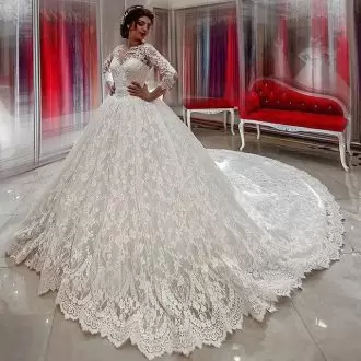 Enchanting White Ball Gowns Scoop 3 4 Length Sleeve Lace Chapel Train Zipper Lace Wedding Gowns