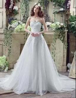 White A-line Tulle and Lace Sweetheart Sleeveless Beading and Lace and Appliques Lace Up Bridal Gown Court Train