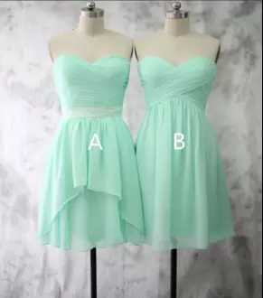 Artistic Apple Green Sleeveless Mini Length Ruching Bridesmaid Gown Sweetheart