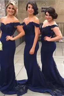 Exceptional Navy Blue Mermaid Off The Shoulder Sleeveless With Train Sweep Train Backless Beading and Lace Bridesmaid Dresses