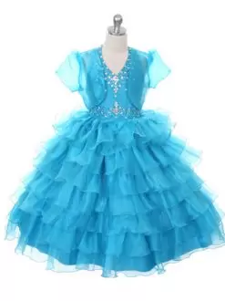 Pretty Aqua Little Girl Pageant Dress Beading and Ruffled Layers with Jacket