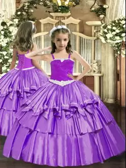 Great Lavender Ball Gowns Appliques and Ruffled Layers Glitz Pageant Dress Lace Up Organza Sleeveless Floor Length