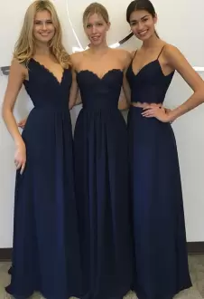 Royal Blue and Navy Blue Chiffon Zipper V-neck Sleeveless Floor Length Bridesmaid Dresses Ruching