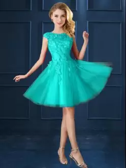 Turquoise Tulle Lace Up Bateau Cap Sleeves Knee Length Court Dresses for Sweet 16 Lace and Belt