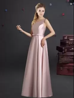 Fantastic One Shoulder Sleeveless Zipper Bridesmaid Dress Pink Elastic Woven Satin Bowknot