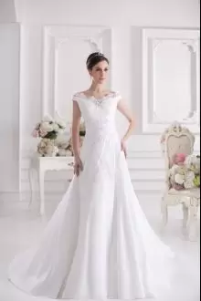 Pretty Court Train A-line Bridal Gown White Scalloped Satin Sleeveless Zipper