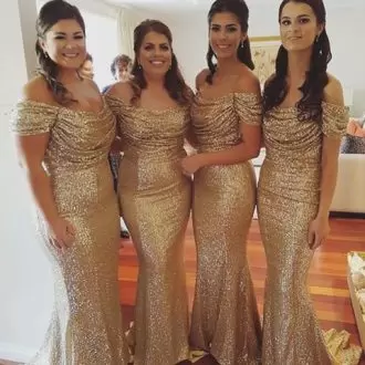 Luxury Gold Mermaid Sweetheart Sleeveless Sequined Floor Length Sequins Wedding Party Dress