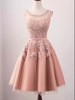 Pretty Sleeveless Tulle Knee Length Lace Up Wedding Party Dress in Pink with Lace