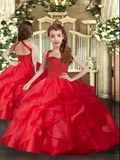 Tulle Straps Sleeveless Lace Up Ruffles and Ruching Pageant Dresses in Red