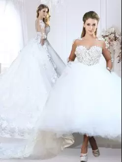 Stunning Scoop Long Sleeves Chapel Train Zipper Wedding Dresses White Tulle Lace and Appliques
