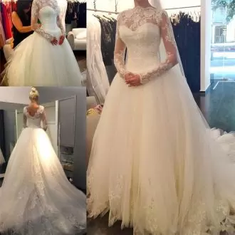 White A-line Appliques Bridal Gown Zipper Tulle Long Sleeves