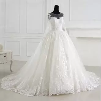 Fashion White Ball Gowns Appliques Wedding Gowns Clasp Handle Lace Long Sleeves With Train