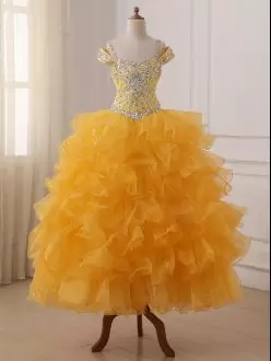 Superior Gold Ball Gowns Off The Shoulder Sleeveless Organza Floor Length Lace Up Beading and Ruffled Layers Little Girl Pageant Gowns