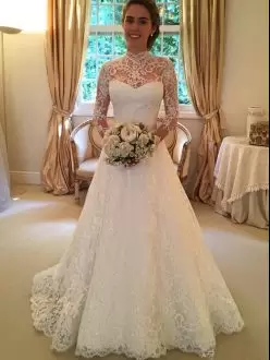 Modest Lace Illusion Neck Wedding Dress Long Sleeves Brush Train Backless