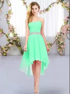 Green Empire Chiffon Sweetheart Sleeveless Belt High Low Lace Up Bridesmaid Dress