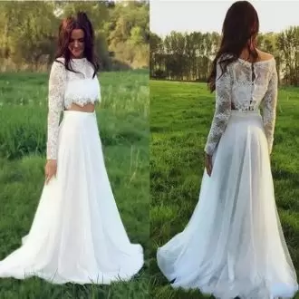 Top Selling White Two Pieces Lace Wedding Gowns Clasp Handle Chiffon and Tulle and Lace Long Sleeves