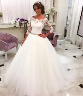 Exquisite White Half Sleeves Sweep Train Beading and Appliques and Belt Wedding Dress