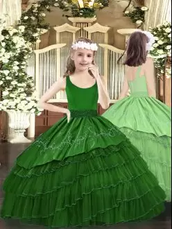 Organza Scoop Sleeveless Zipper Beading and Embroidery and Ruffled Layers Pageant Dress for Girls in Dark Green