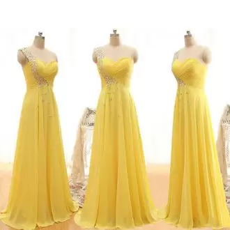 Yellow Dama Dress Party and Wedding Party with Beading One Shoulder Sleeveless Lace Up