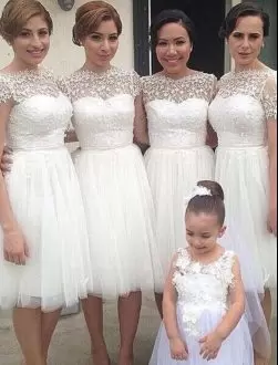 White High-neck Neckline Lace Wedding Guest Dresses Cap Sleeves